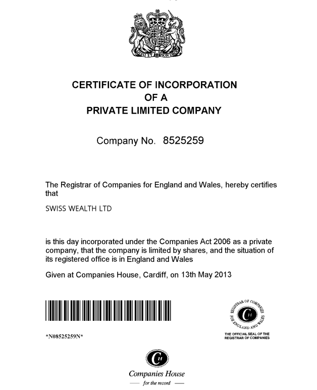 Swiss Wealth Ltd Certificate of Incorporation